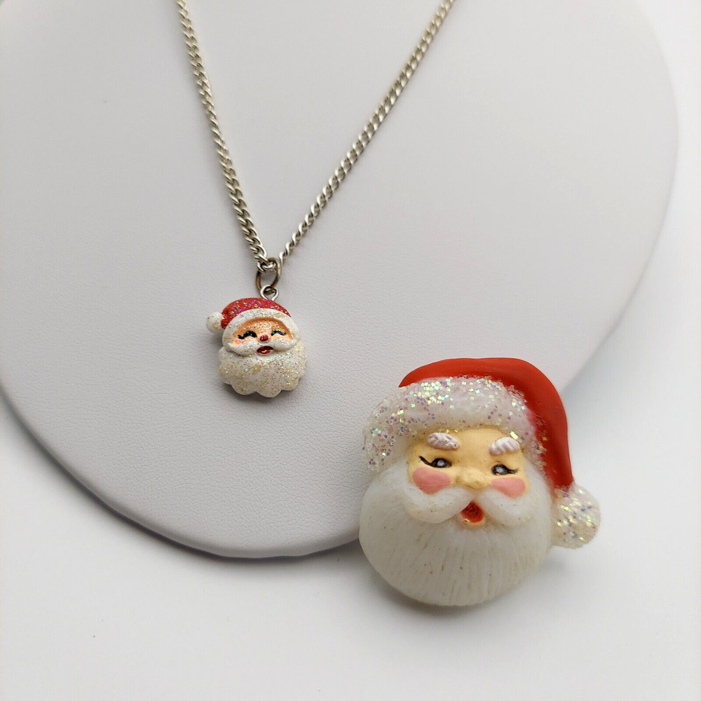 Vintage Santa Face Necklace & Fun World Div Brooch Lot Christmas Pin Pendant